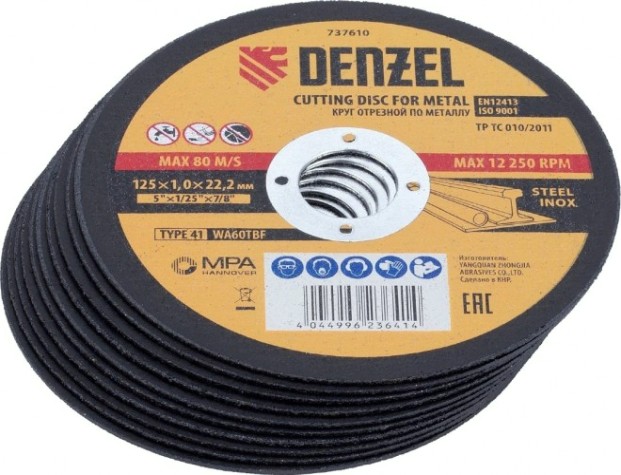 Отрезной круг по металлу DENZEL 125х1,0х22,2 мм, wa60tbf, 10 шт. [737614]