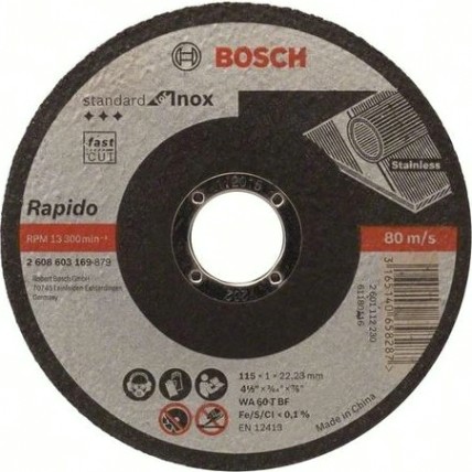 Отрезной круг по нержавеющей стали BOSCH 115х1,0х22 мм AS60TINOX-BF Standard for Inox - Rapido [2608603169]
