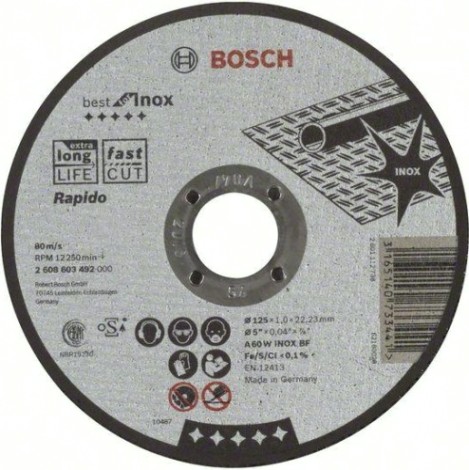 Отрезной круг по нержавеющей стали BOSCH 125х1,0х22 мм A60W41-BF Best for Inox - Rapido [2608603492]