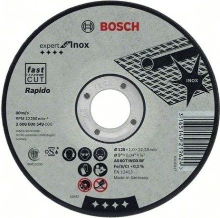 Отрезной круг по нержавеющей стали BOSCH 125х1,0х22 мм AS60TINOX-BF Expert for Inox - Rapido [2608600549]