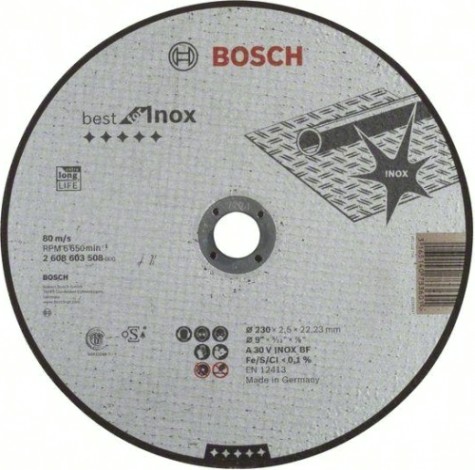 Отрезной круг по нержавеющей стали BOSCH 230х2,5х22 мм A 30 V INOX BF Best for Inox [2608603508]