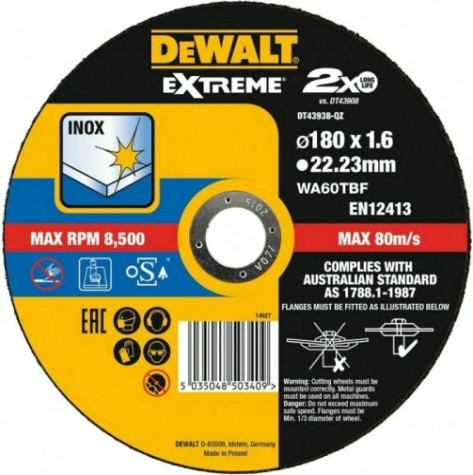 Отрезной круг по нержавеющей стали DeWALT 180х1.6x22.2 мм Extreme DT43938-QZ [DT43938-QZ]