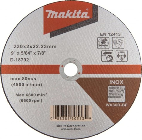 Отрезной круг по нержавеющей стали MAKITA 230х2х22.23 мм WA36 D-18792 [D-18792]