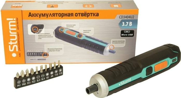 Отвертка аккумуляторная Sturm CD3404U2 micro USB, набор бит, без ЗУ Отвертка аккумуляторная Sturm CD3404U2 micro USB, набор бит, без ЗУ