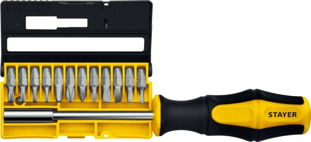 Отвертка-битодержатель с насадками STAYER Hercules Cr-V сталь, двухкомпонентная рукоятка 13 пред. [25813]
