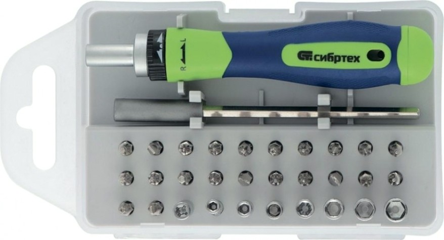 Отвертка реверсивная для точных работ СИБРТЕХ с набором бит и торцевых головок, 32 предмета [13370]