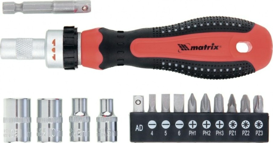 Отвертка реверсивная MATRIX с набором бит и насадок торцевых, CrV, 1/4, 16 предметов [11332]