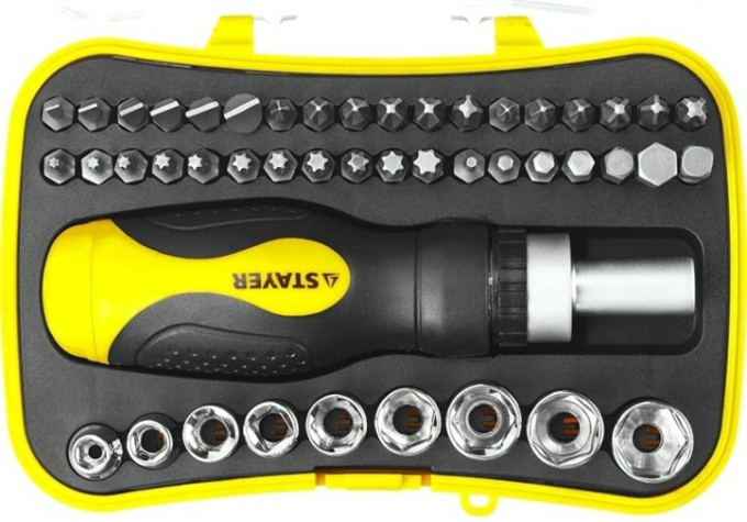 Отвертка реверсивная STAYER "MASTER" "ТECHNO" с битами и торцевыми головками, 46 предметов [25084-H46]