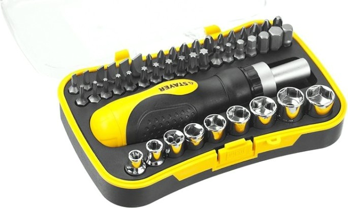 Отвертка реверсивная STAYER "MASTER" "ТECHNO" с битами и торцевыми головками, 46 предметов [25084-H46]