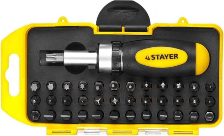 Отвертка реверсивная в наборе с битами STAYER Compact Cr-V сталь, 38 предметов [2557-H38]