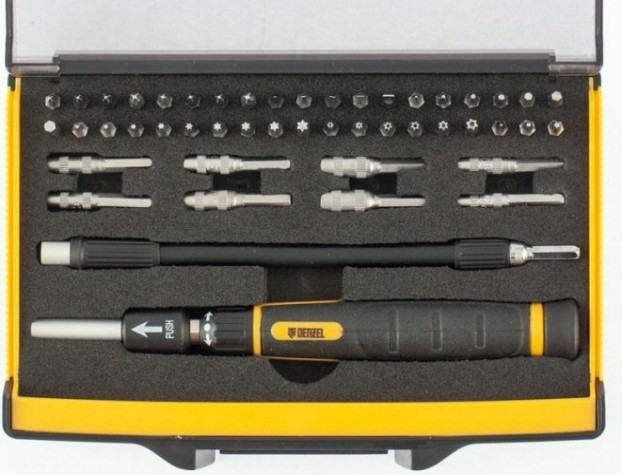 Отвертка с битами Denzel 7711599 и торцевых головок для точных работ, гибкий привод Отвертка с битами Denzel 7711599 и торцевых головок для точных работ, гибкий привод