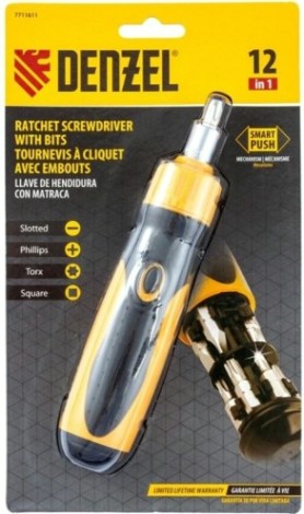 Отвертка с битами Denzel 7711611 реверсивная. механизм smartpush 12 шт Отвертка с битами Denzel 7711611 реверсивная. механизм smartpush 12 шт