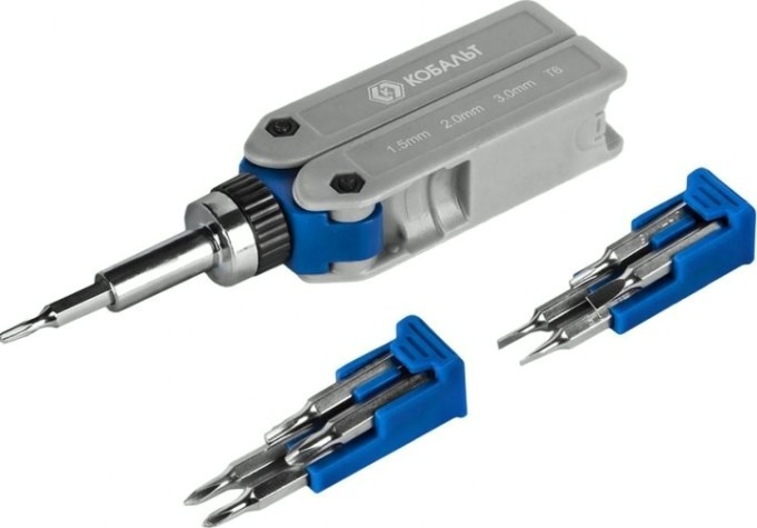 Отвертка с битами Кобальт 245-466 реверсивная складная, с набором для точных работ,