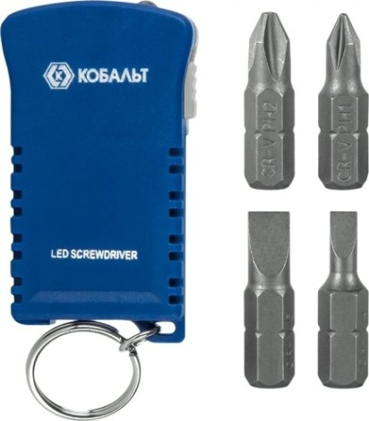 Отвертка с битами Кобальт 245-497 рукоятка брелок с led фонариком и набором