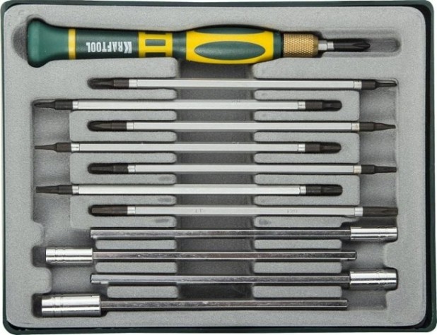 Отвертка с битами KRAFTOOL X-Turbo для точных работ со сменными стержнями и головками [25611-H12]