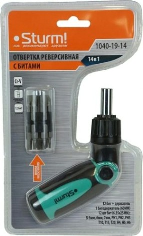 Отвертка с битами Sturm 1040-19-14 реверсивная битодерж. в ручке 14 в 1