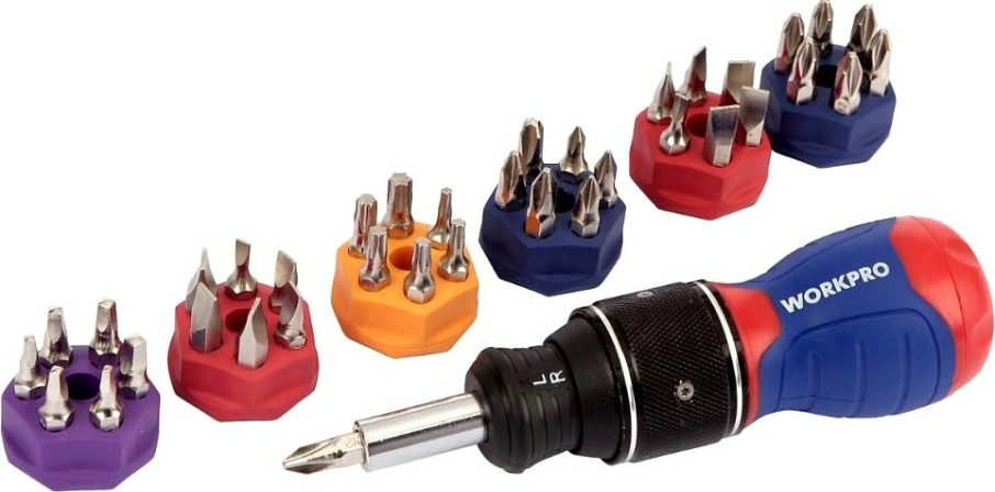 Отвертка с битами WORKPRO WP221050 2x drive 38-в-1 короткая с трещоткой