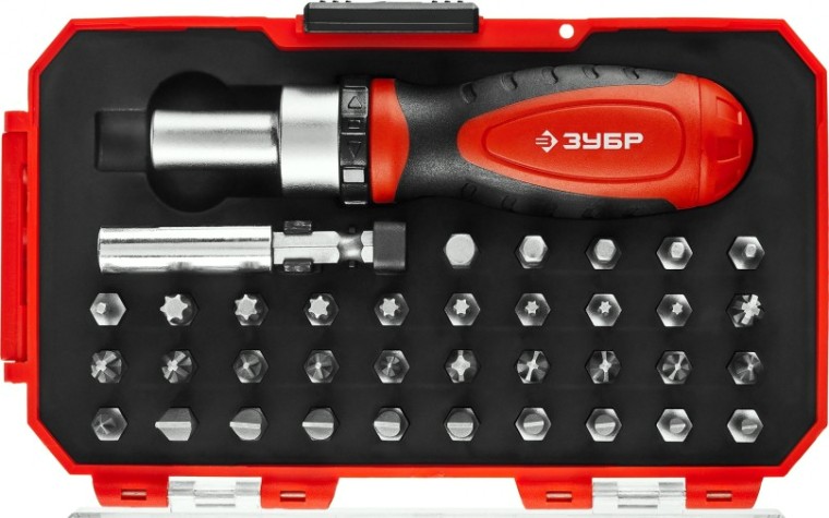 Отвертка с битами ЗУБР ПРОФЕССИОНАЛ компакт-37 набор: реверсивная насадками 37 шт [25164-H37]