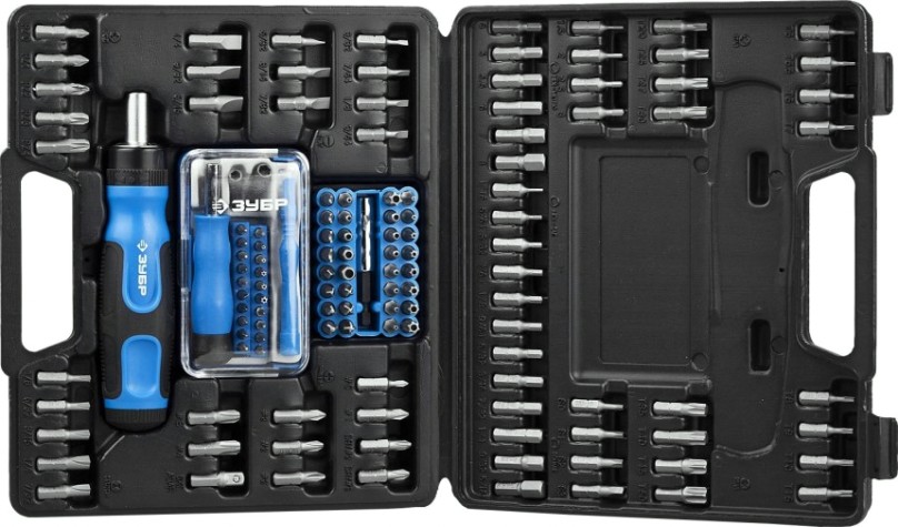 Отвертка с битами ЗУБР ПРОФЕССИОНАЛ набор: реверсивная с насадками 129 шт [25237-H129]