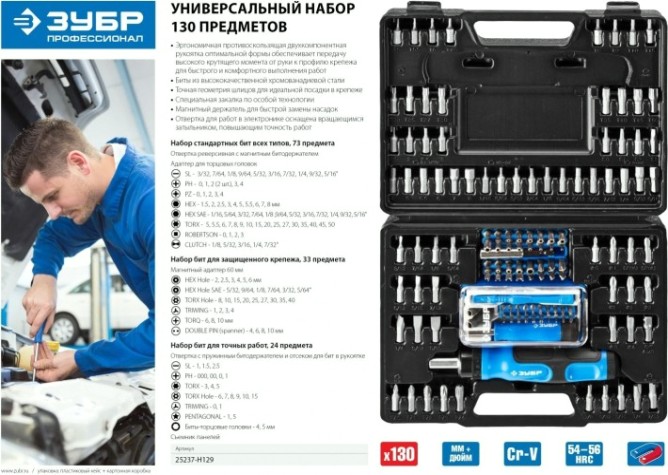 Отвертка с битами ЗУБР ПРОФЕССИОНАЛ набор: реверсивная с насадками 129 шт [25237-H129]