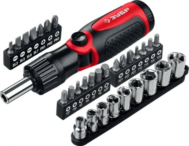 Отвертка с битами ЗУБР Универсал-31 реверсивно-рычажная, 31 предмет [25161-H31]