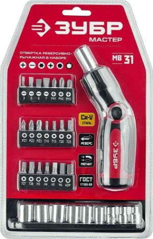 Отвертка с битами ЗУБР Универсал-31 реверсивно-рычажная, 31 предмет [25161-H31]