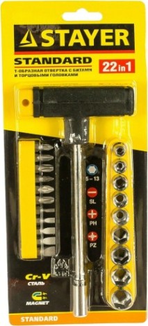 Отвертка с T-образной ручкой STAYER T-Max-20 с насадками, 20 предметов [2540-H20]
