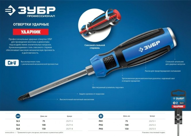 Отвертка ударная ЗУБР ПРОФЕССИОНАЛ PH3x150 мм [25272-3]