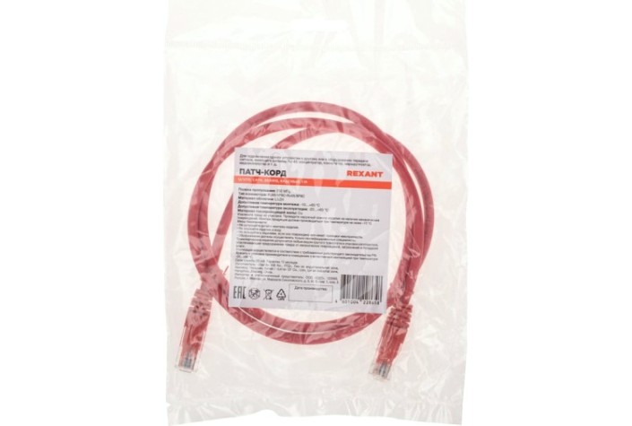 Патч-корд REXANT 02-0293-1 U/UTP, CAT 6, RJ45-RJ45, 26AWG, LSZH, красный 1м