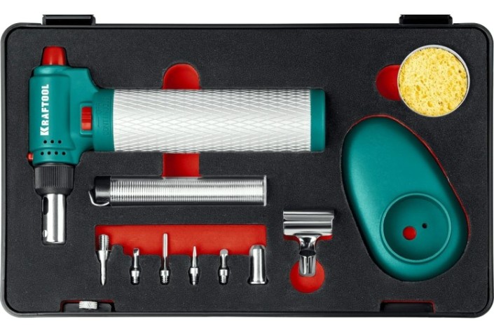 Паяльник газовый KRAFTOOL MULTI TORCH горелка, фен, пьезоподжиг,набор 8-в-1 [55506-H8]