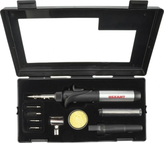 Паяльник REXANT П0505 с пьезоподжигом, газовый, 17мл, 6 насадок + припой [12-0505]