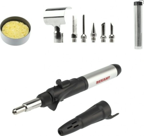 Паяльник REXANT П0505 с пьезоподжигом, газовый, 17мл, 6 насадок + припой [12-0505]