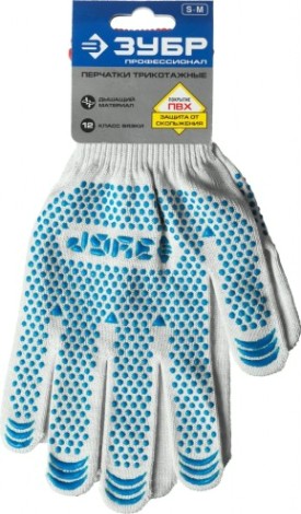 Перчатки трикотажные ЗУБР ТОЧКА размер S-M, с пвх покрытием, тонкие [11451-S]