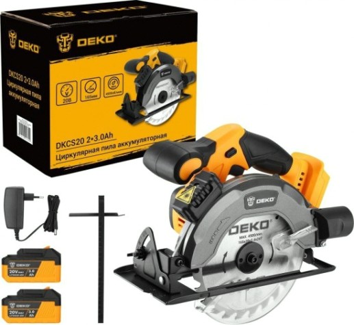 Пила циркулярная аккумуляторная DEKO DKCS20 2*3.0Ah 20в, 165мм [063-4024]