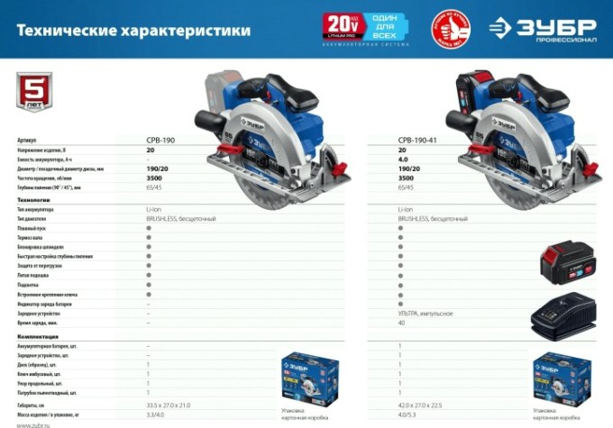 Пила циркулярная аккумуляторная ЗУБР CPB-190-41 бесщеточная Профессионал