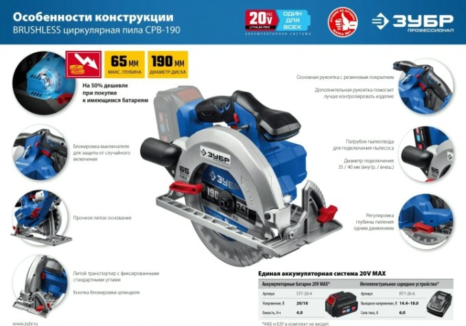 Пила циркулярная аккумуляторная ЗУБР CPB-190 бесщеточная, без АКБ и ЗУ Профессионал