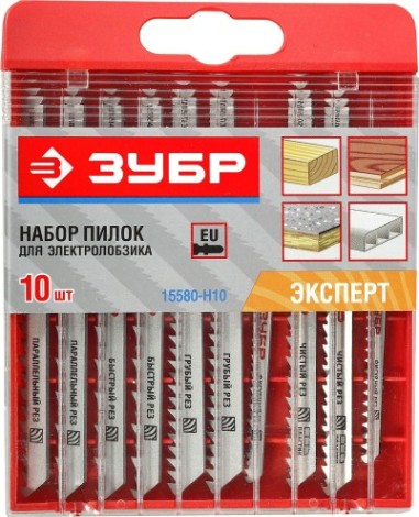 Пилки по дереву ЗУБР ЭКСПЕРТ cr-v, t-хвост., пласт. бокс, 10шт [15580-H10]