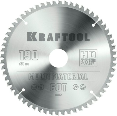 Пильный диск по алюминию KRAFTOOL Multi Material 190х30мм 60T [36953-190-30]