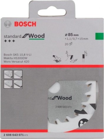 Пильный диск по дереву BOSCH 85х20х15 STANDART WOOD [2608643071]