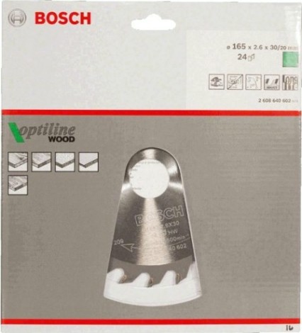 Пильный диск по дереву BOSCH Standard 165Х30 24 OPTILINE WOOD [2608640602]