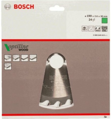 Пильный диск по дереву BOSCH Standard 190Х30 24T OPTILINE WOOD [2608640615]