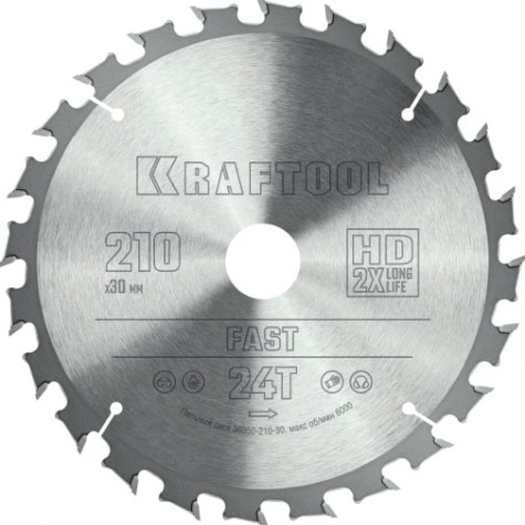 Пильный диск по дереву KRAFTOOL 36950-210-30 Fast 210х30мм 24T