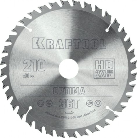 Пильный диск по дереву KRAFTOOL 36951-210-30 Optima 210х30мм 36T