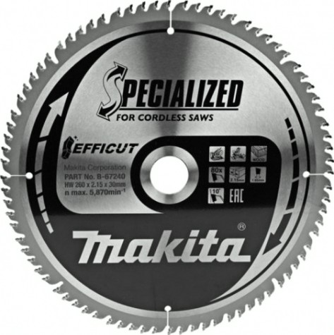 Пильный диск по дереву MAKITA 260x30x1,65x80T для efficut [B-67240]