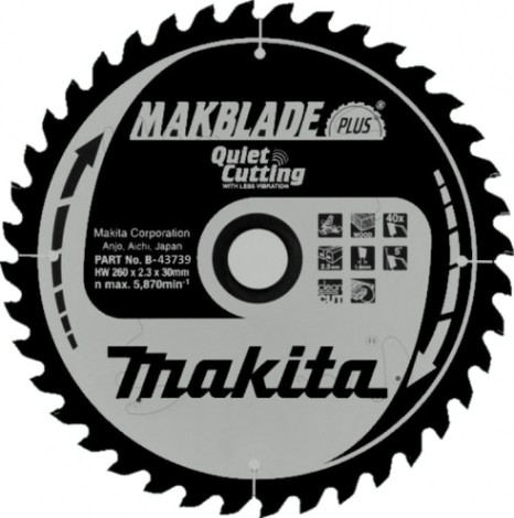 Пильный диск по дереву MAKITA 260x30x1.8x40T для makblade plus [B-43739]