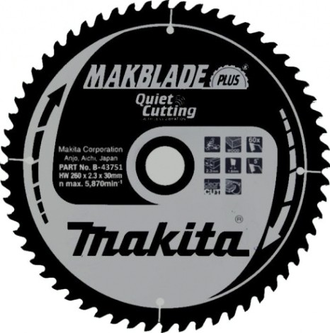 Пильный диск по дереву MAKITA 260x30x1.8x60T для makblade plus [B-43751]