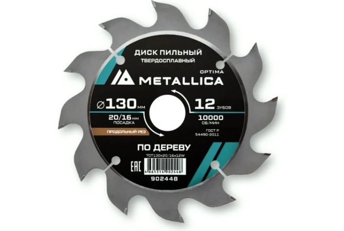 Пильный диск по дереву METALLICA Optima 130x20/16 мм 12 зубов, T=2,4 мм продольный [902448]