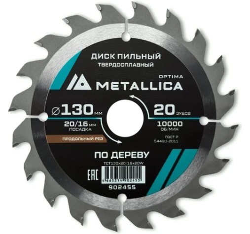 Пильный диск по дереву METALLICA Optima 130x20/16 мм 12 зубов, T=2,4 мм продольный [902455]