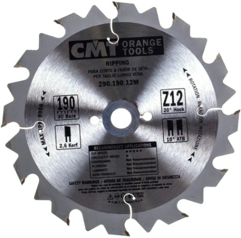 Пильный диск по дереву СМТ 190X30X2,6/1,620°10°ATBZ=12 [290.190.12M]
