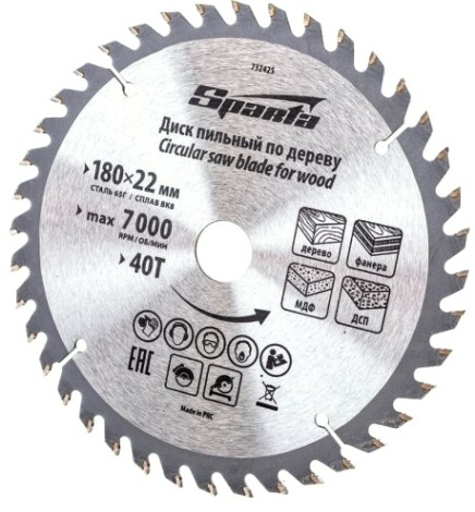 Пильный диск по дереву Sparta 180х22мм, 40 зубьев [732425]